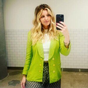 Vintage 00s Y2K Michelle Stuart Lime Brat Green Double Breasted Blazer 6